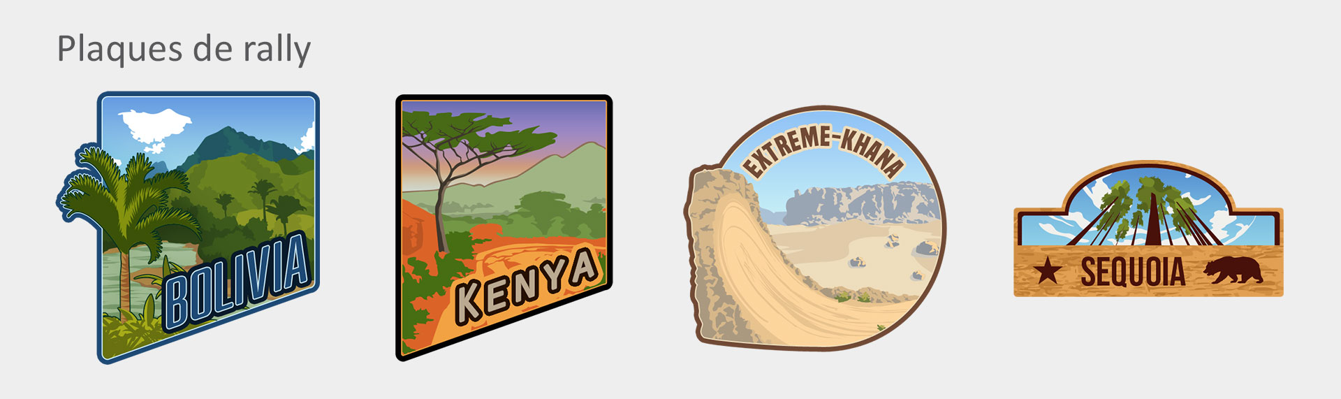 Quatre illustrations de plaques de rallye représentant chacune la forêt bolivienne, une plaine du (...)
