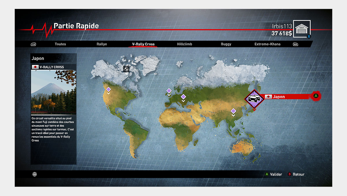 Capture d'écran de la sélection de course de V-Rally Cross depuis la carte du (...)