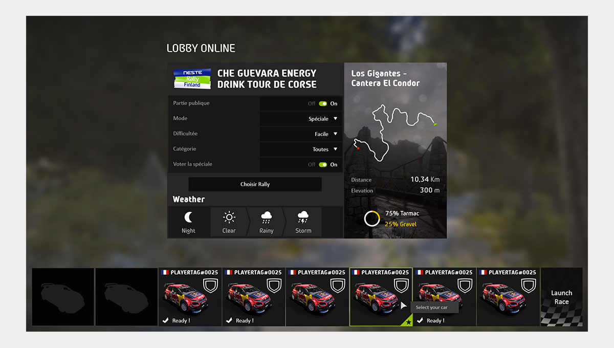 La maquette de l'écran de lobby où le joueur peut régler les paramètres de la course et voir la (...)