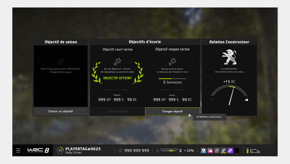La maquette des différents objectifs que le joueur doit accomplir dans WRC 8 pour augmenter sa (...)