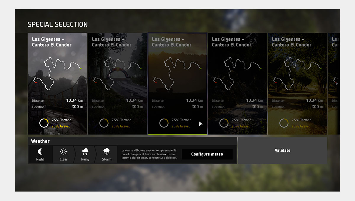 La maquette de l'écran de sélection des courses de WRC 8 avec l'affichage des options de météo (...)